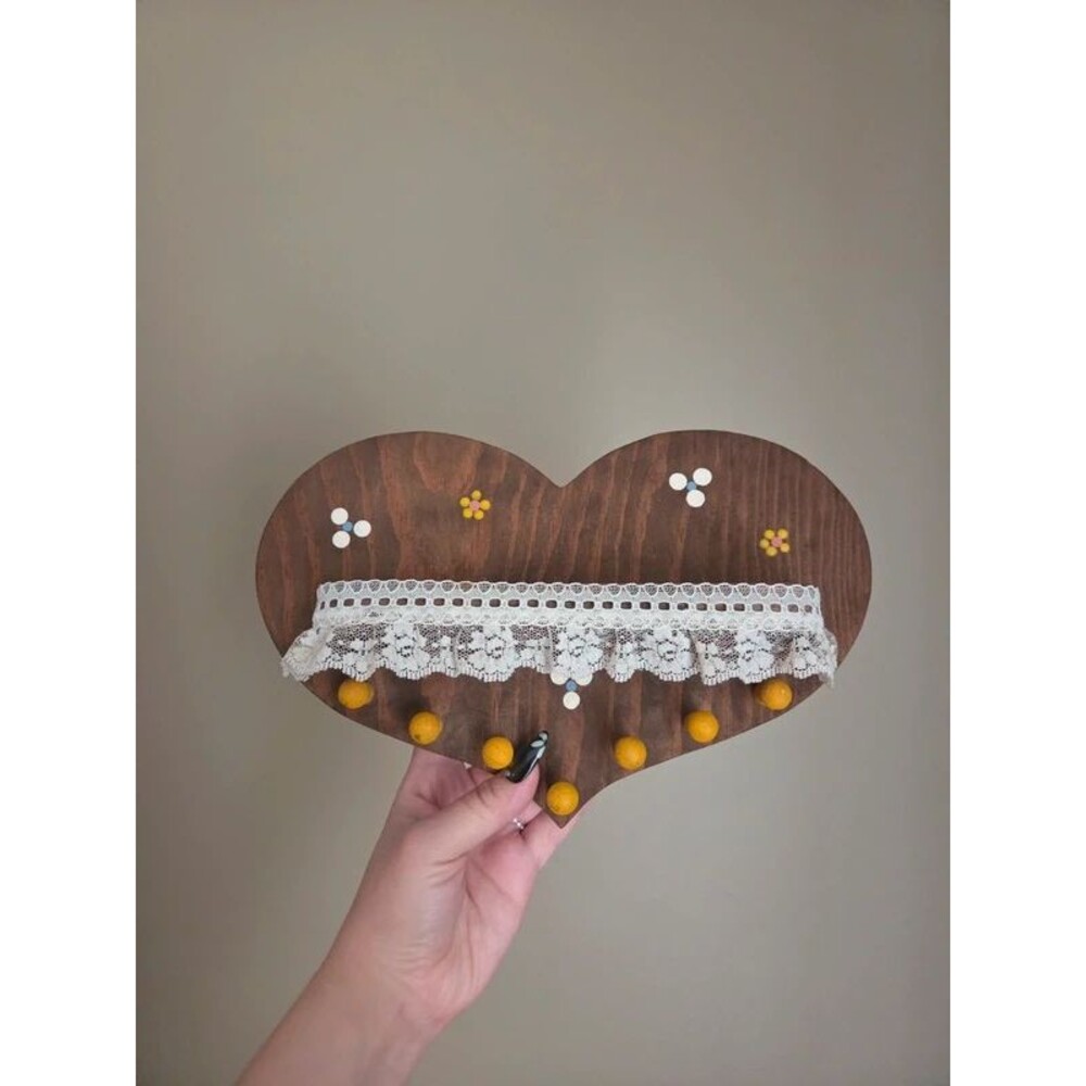 Cottagecore wooden heart wall key rack vintage
